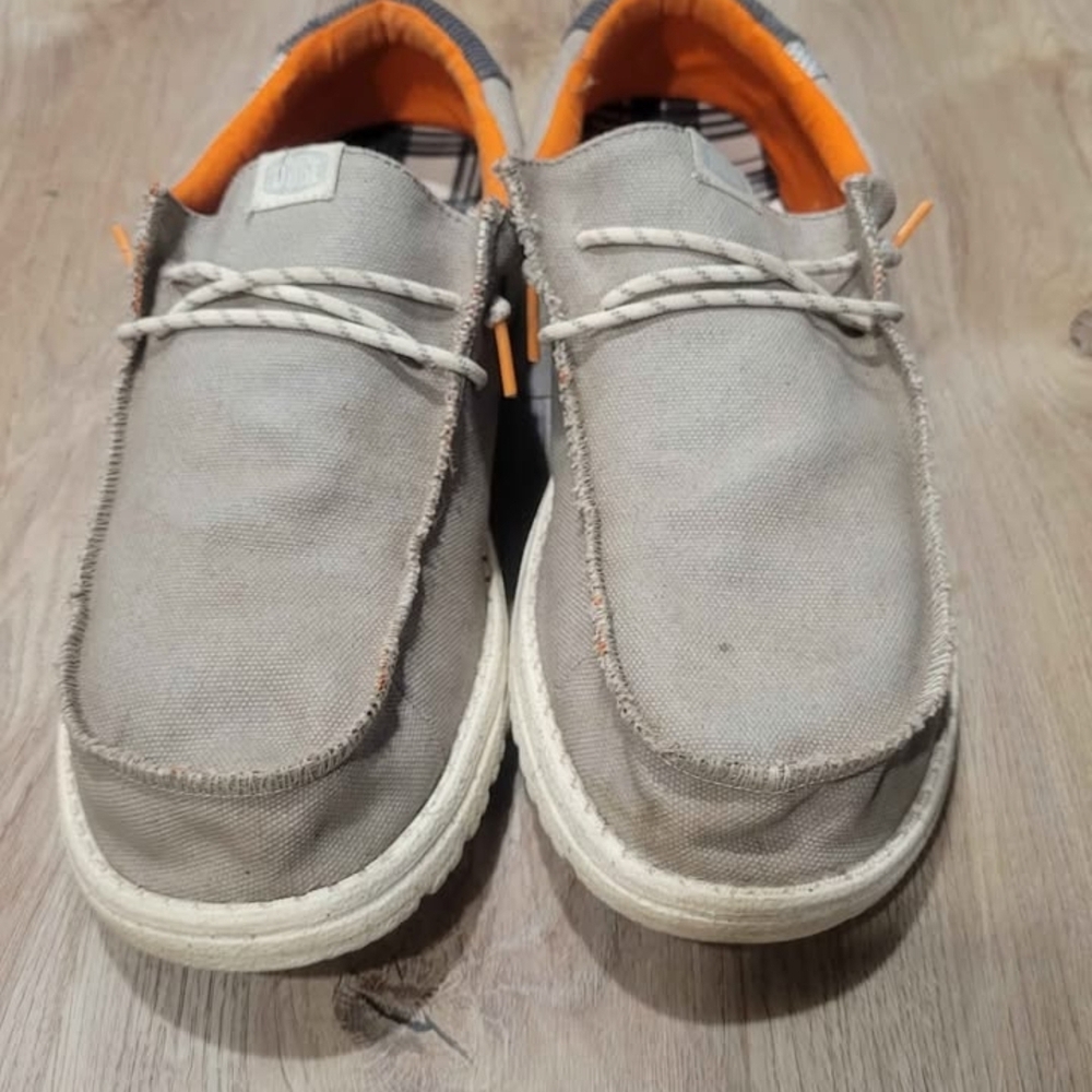 Hey Dude Men's Gray Canvas Loafers with Orange Accents